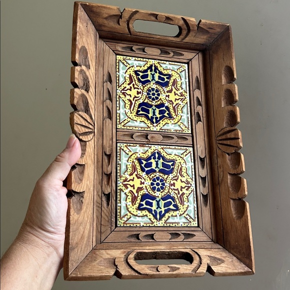 Vintage Other - Vintage Mexican Hand Carved Wood Tray w/ Talavera Tile